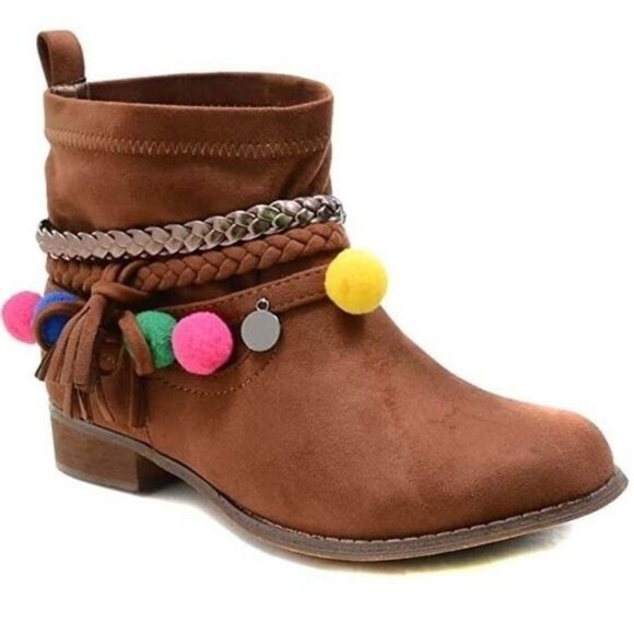 Funky Cowgirl Tan Braided Anklet Removable Pom Pom Charm Vegan Boots NIB Western - Picture 1 of 5